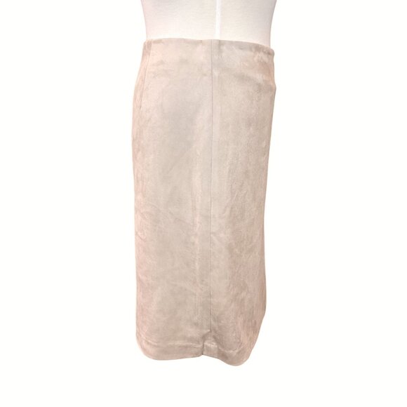 J.McLaughlin Raven Lt Camel Faux Stretch Suede Button Tab Accents Skirt 12 NWT - Picture 4 of 8